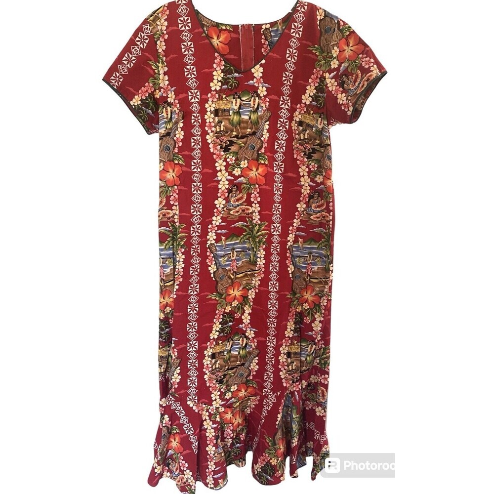 Vtg Made In Hawaii Aloha Print MIDI Dress Flounced Hem, Red Hula Tropical kitsch